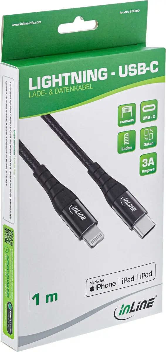InLine USB-C Lightning-kabel 1m - Zwart