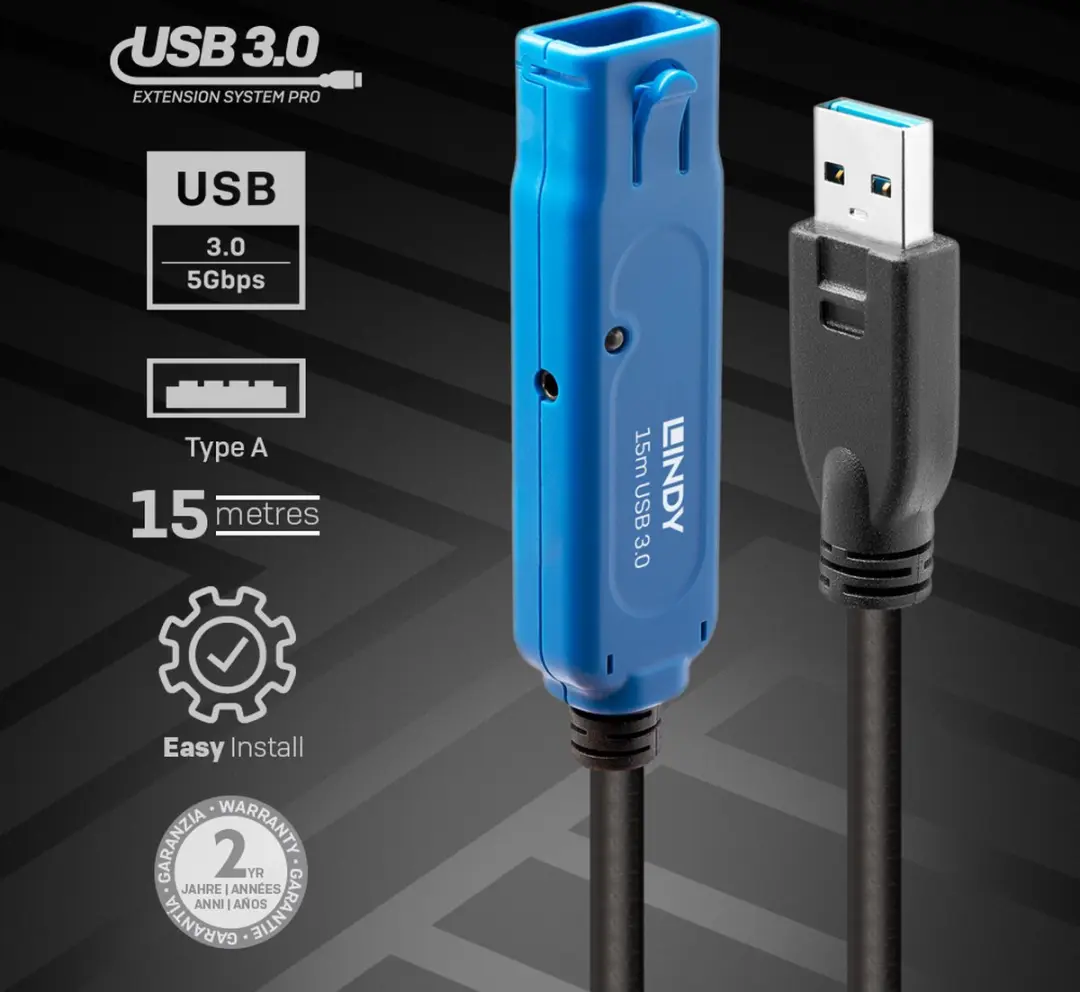 Lindy 43229 USB 3.2 Gen 1 Kabel 15m - USB-A Zwart