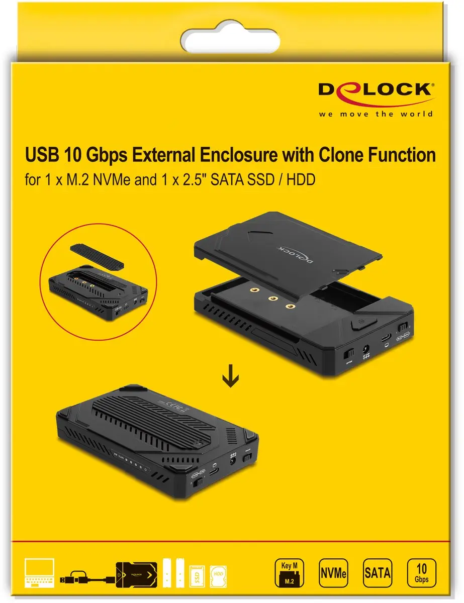 Delock USB-C Behuizing M.2 NVMe + 2.5" SATA/HDD - Klonenfunctie - Zwart