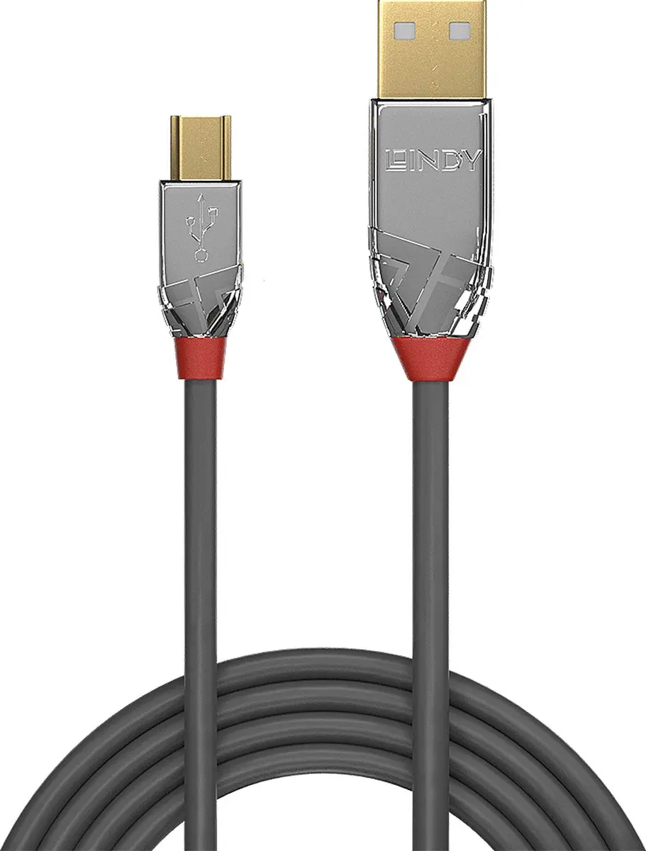 Lindy USB 2.0 USB-A naar USB-mini-B kabel 1m - Grijs