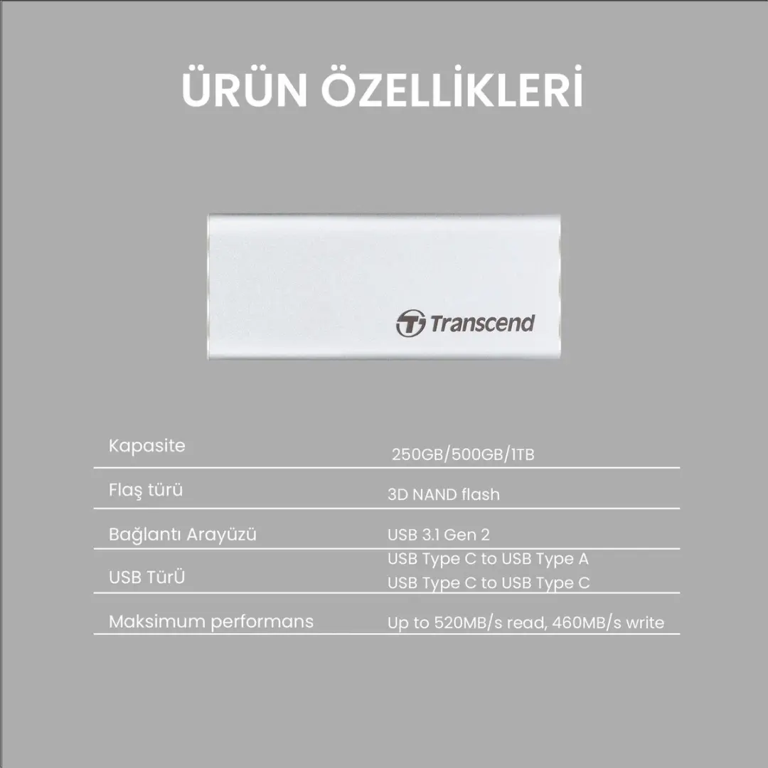 Transcend ESD260C Externe SSD 250GB - USB-C/USB-A - Zilver