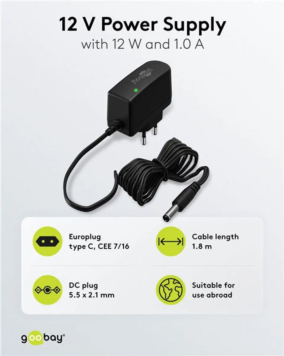Goobay Voedingsadapter 12V 12W - 5,5x2,1mm - Zwart