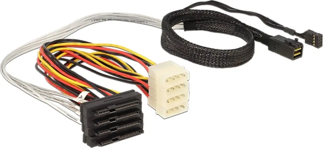 Delock Mini-SAS HD SFF-8643 naar 4x SAS SFF-8482 Kabel - 0,5m - Zwart