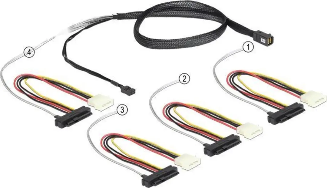 Delock Mini-SAS HD SFF-8643 naar 4x SAS SFF-8482 Kabel - 0,5m - Zwart