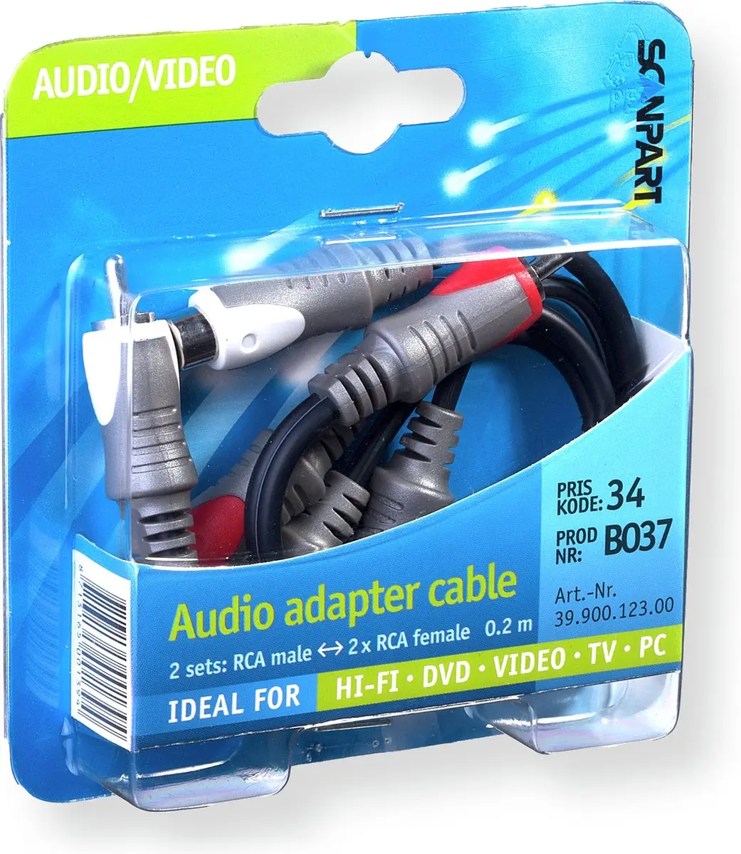 Scanpart RCA naar 2x RCA Audio Adapterkabel 20cm - 2 Stuks