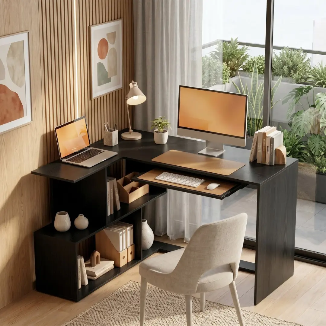 ECTEATOY Hoekbureau L-Vormig Computerbureau 120x100x76cm - Zwart - afbeelding 5 van 6