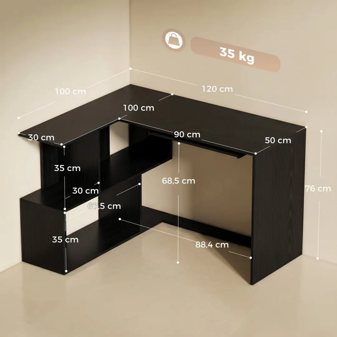 ECTEATOY Hoekbureau L-Vormig Computerbureau 120x100x76cm - Zwart - afbeelding 2 van 6
