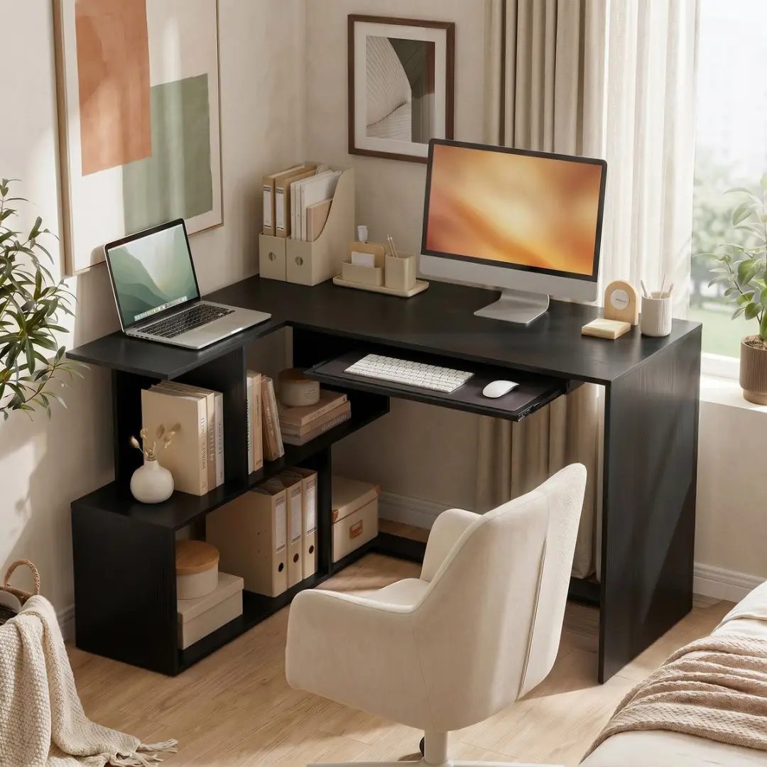 ECTEATOY Hoekbureau L-Vormig Computerbureau 120x100x76cm - Zwart - afbeelding 4 van 6