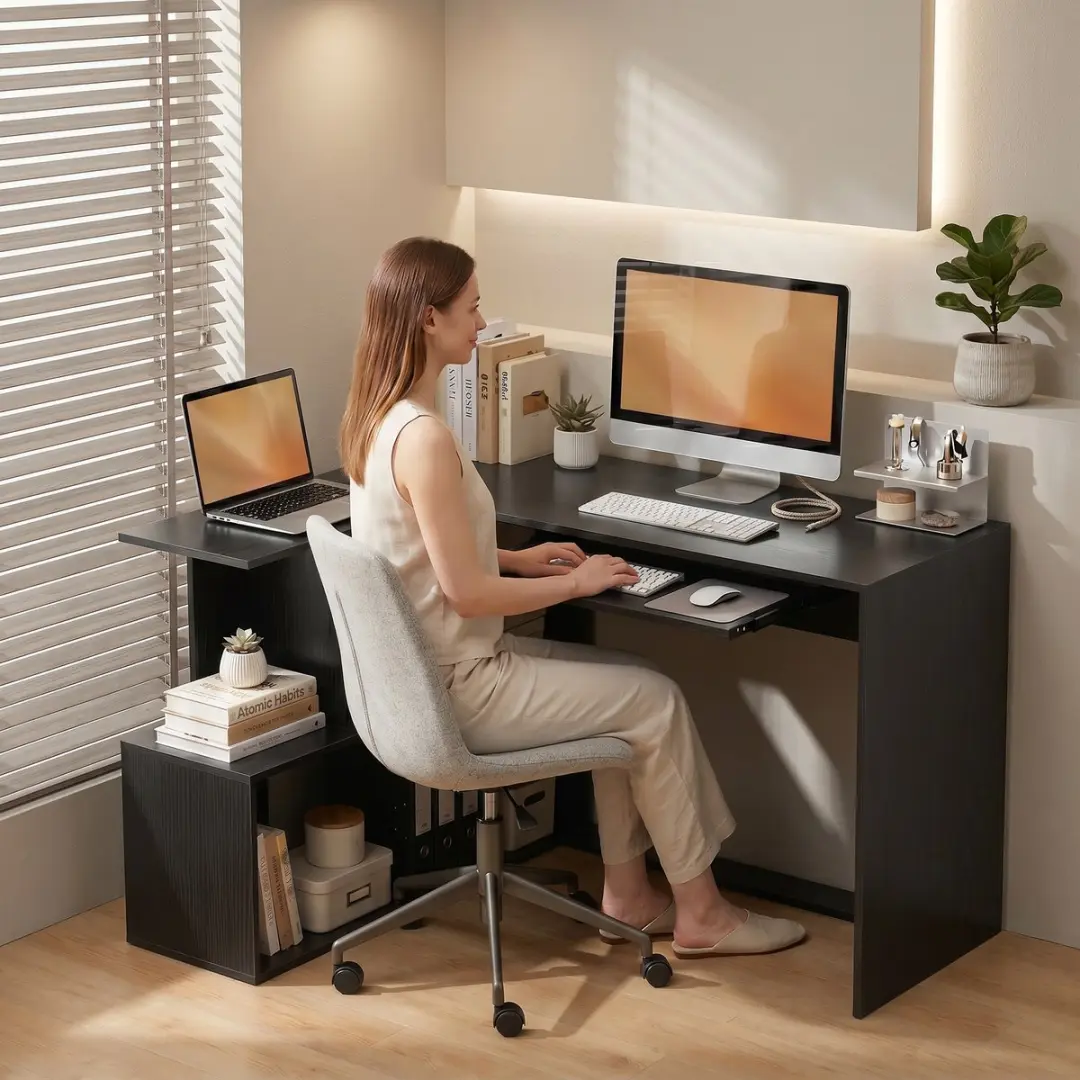 ECTEATOY Hoekbureau L-Vormig Computerbureau 120x100x76cm - Zwart - afbeelding 6 van 6