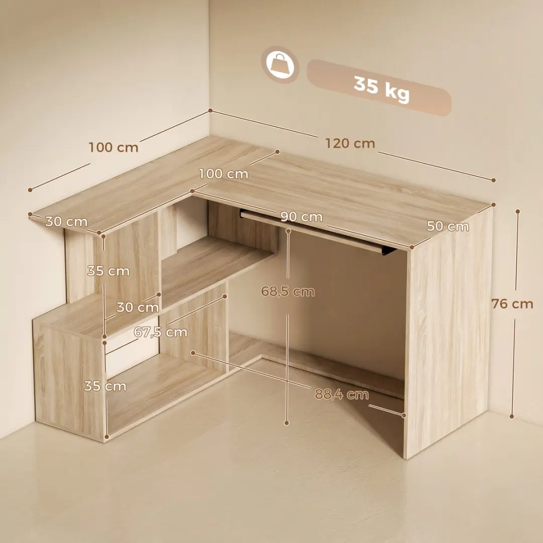 ECTEATOY Hoekbureau L-Vormig Computerbureau 120x100x76cm - Naturel - afbeelding 4 van 6