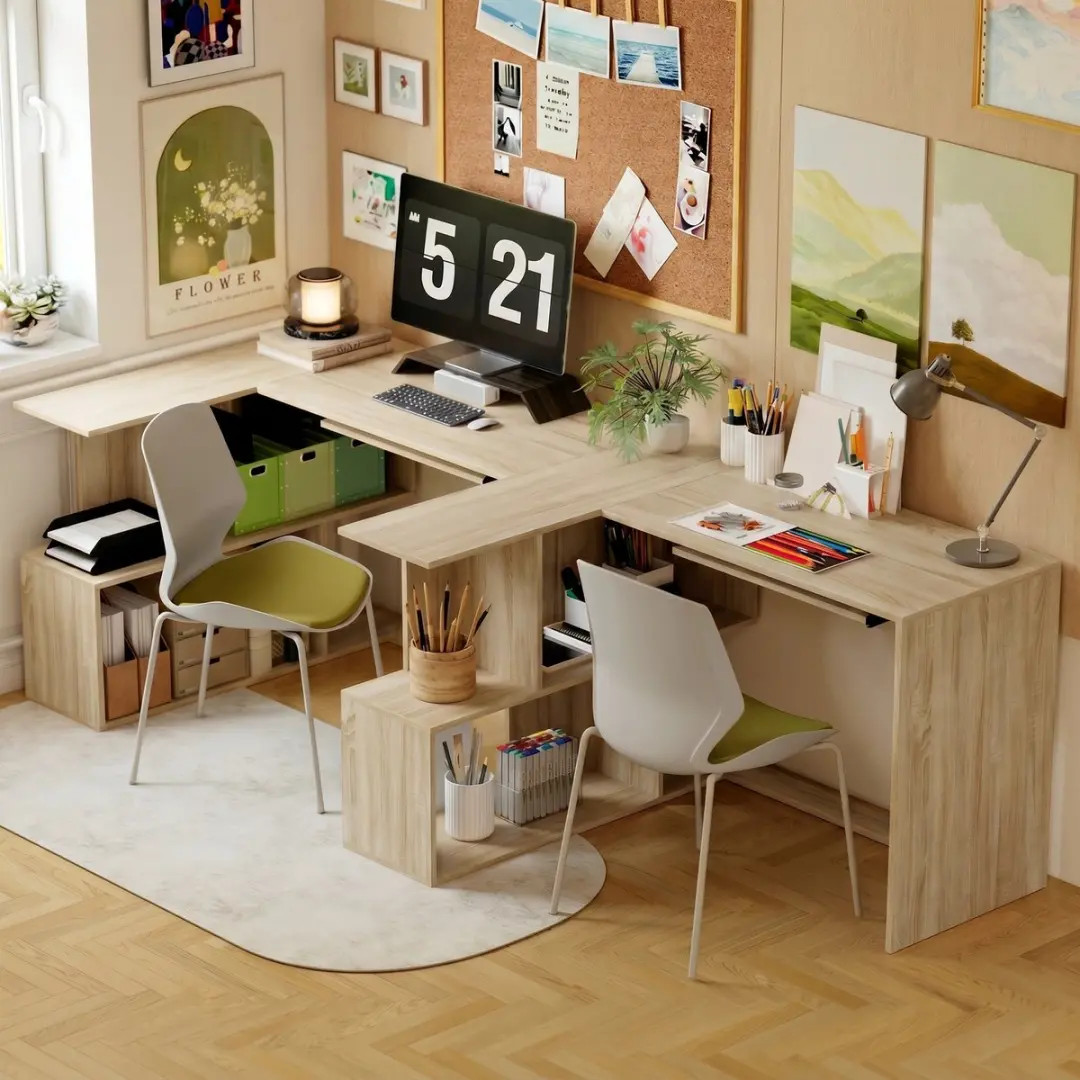 ECTEATOY Hoekbureau L-Vormig Computerbureau 120x100x76cm - Naturel - afbeelding 3 van 6
