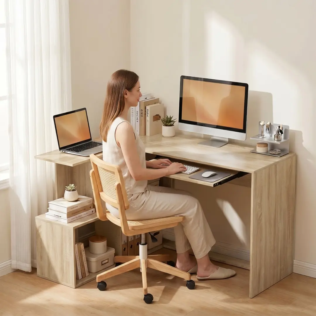 ECTEATOY Hoekbureau L-Vormig Computerbureau 120x100x76cm - Naturel - afbeelding 5 van 6