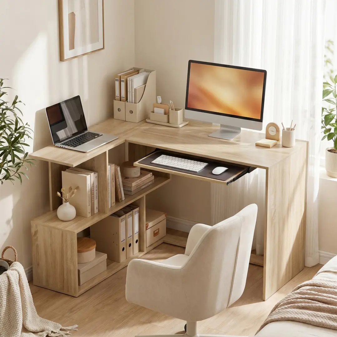 ECTEATOY Hoekbureau L-Vormig Computerbureau 120x100x76cm - Naturel - afbeelding 2 van 6