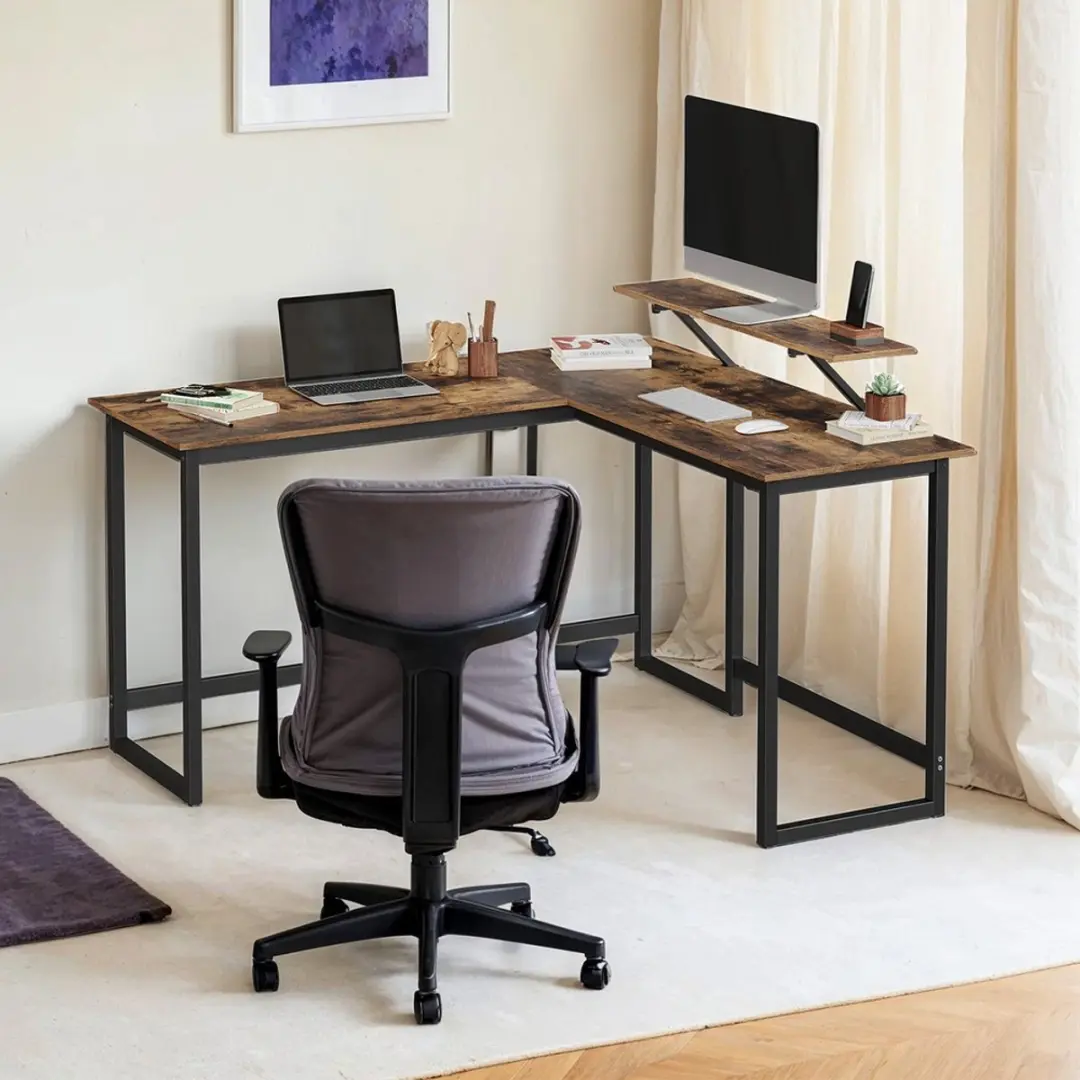Songmics L-vormig Hoekbureau Vintage Bruin-Zwart 140x130x89cm