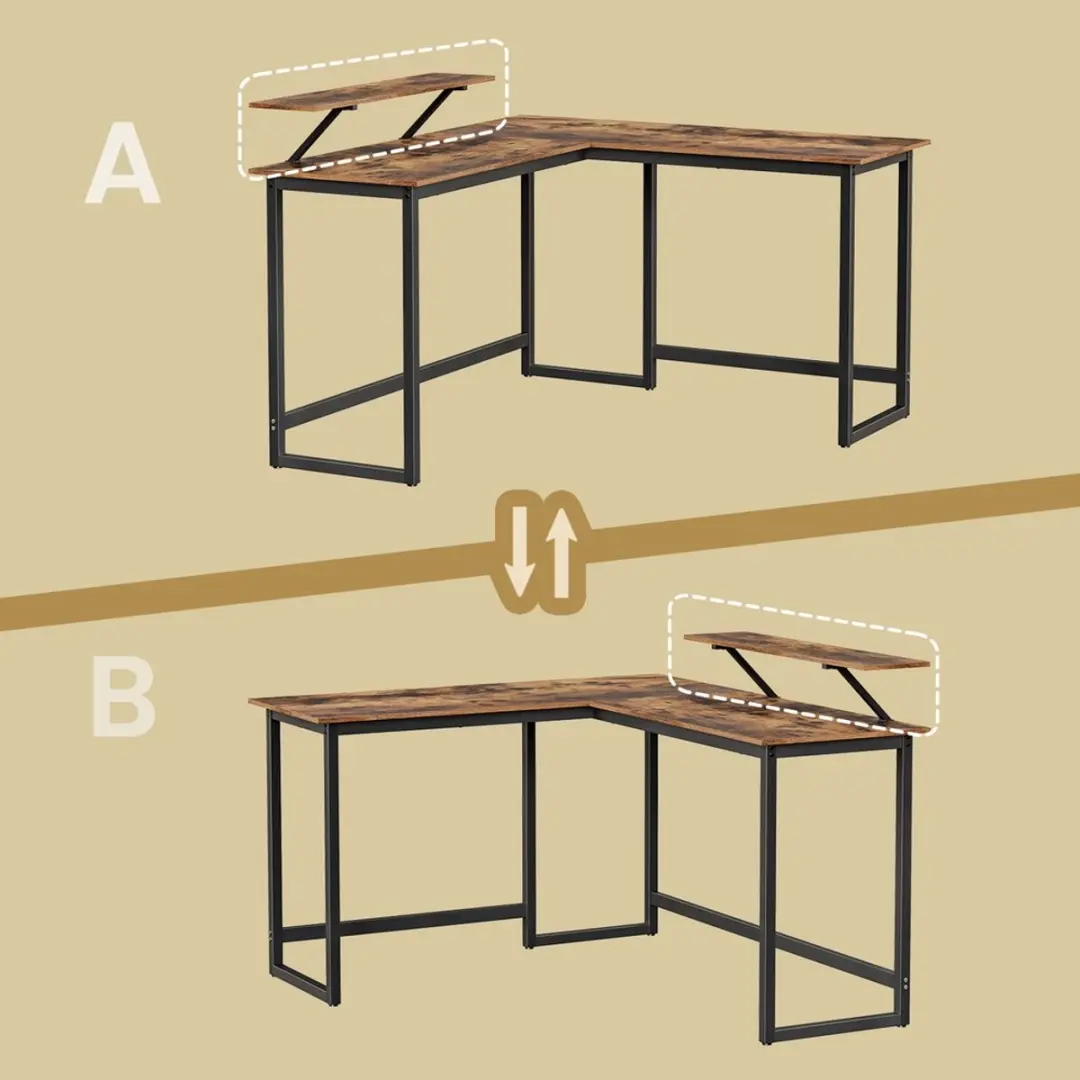 Songmics L-vormig Hoekbureau Vintage Bruin-Zwart 140x130x89cm