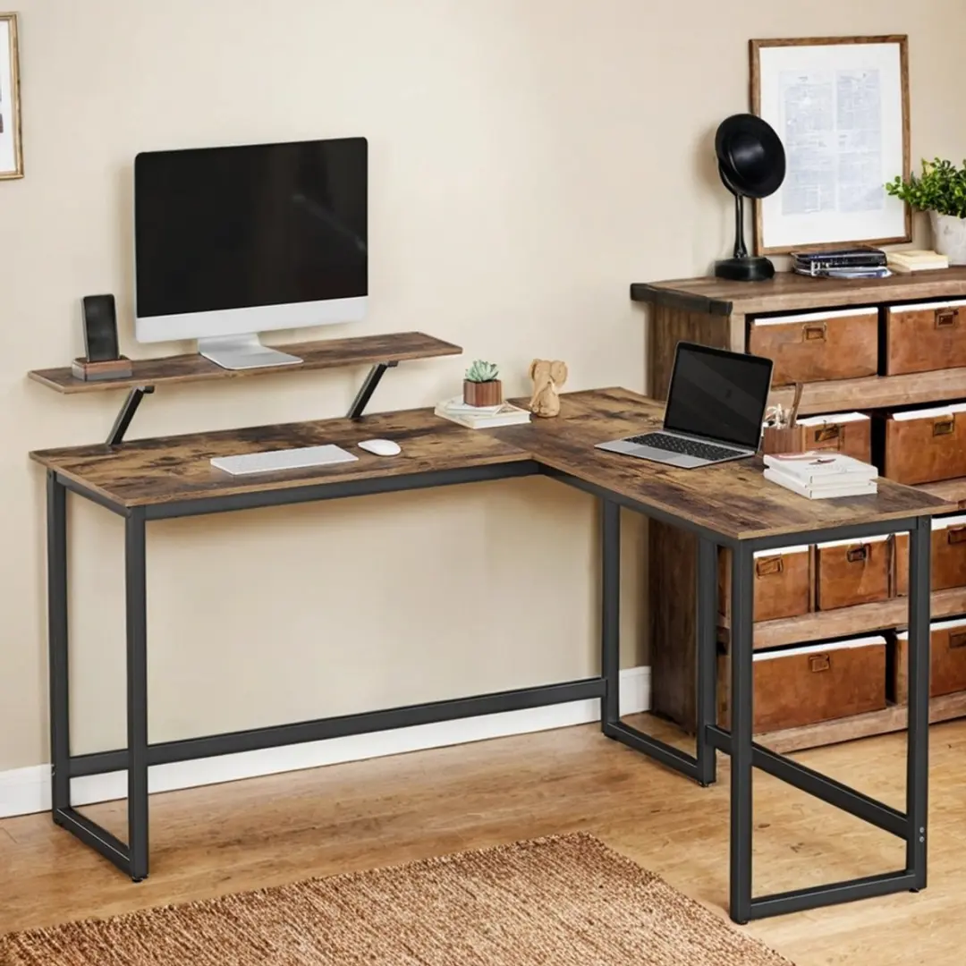 Songmics L-vormig Hoekbureau Vintage Bruin-Zwart 140x130x89cm