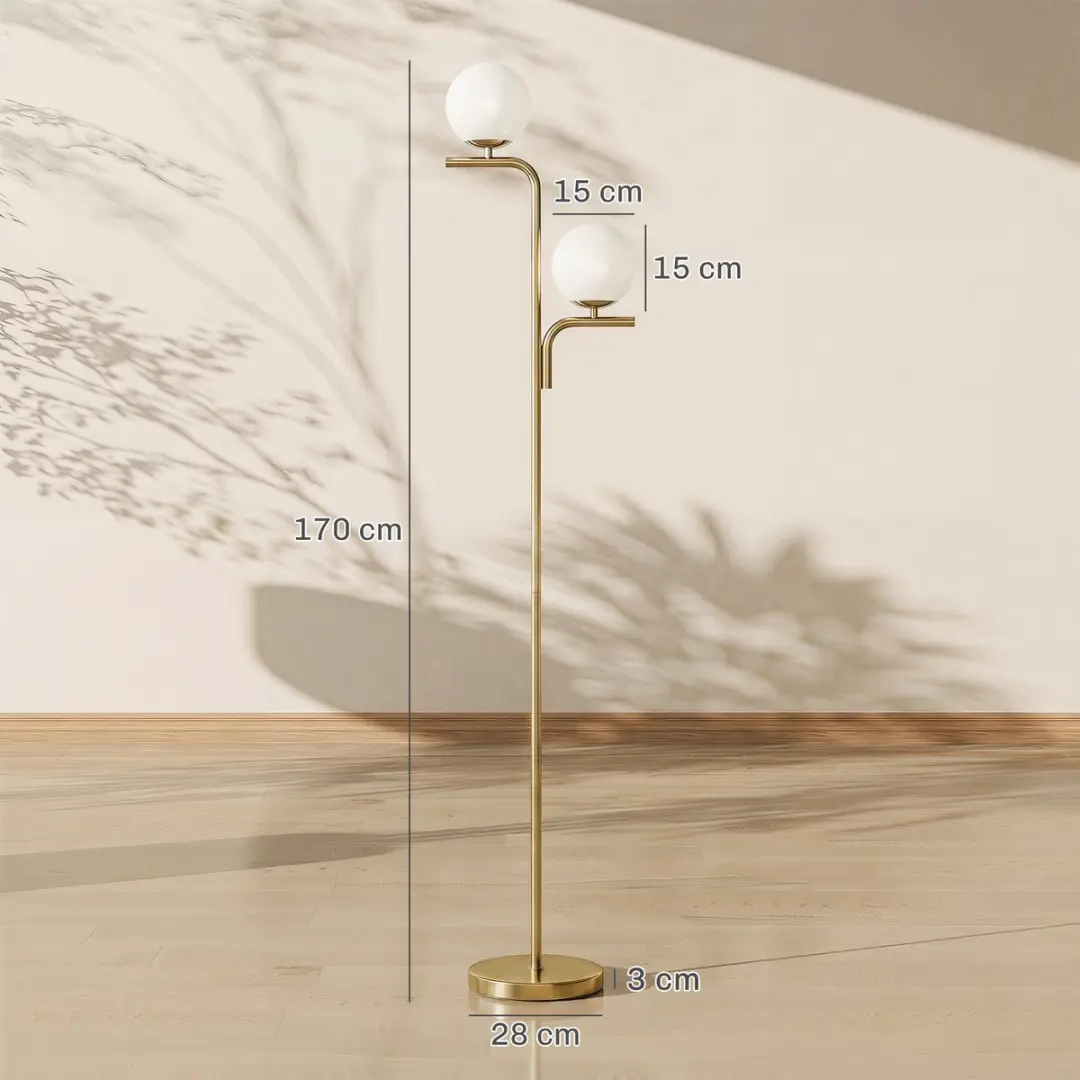 ECTEATOY Goud Vloerlamp met Glazen Bollen - 2x E27 - 10W - afbeelding 2 van 6