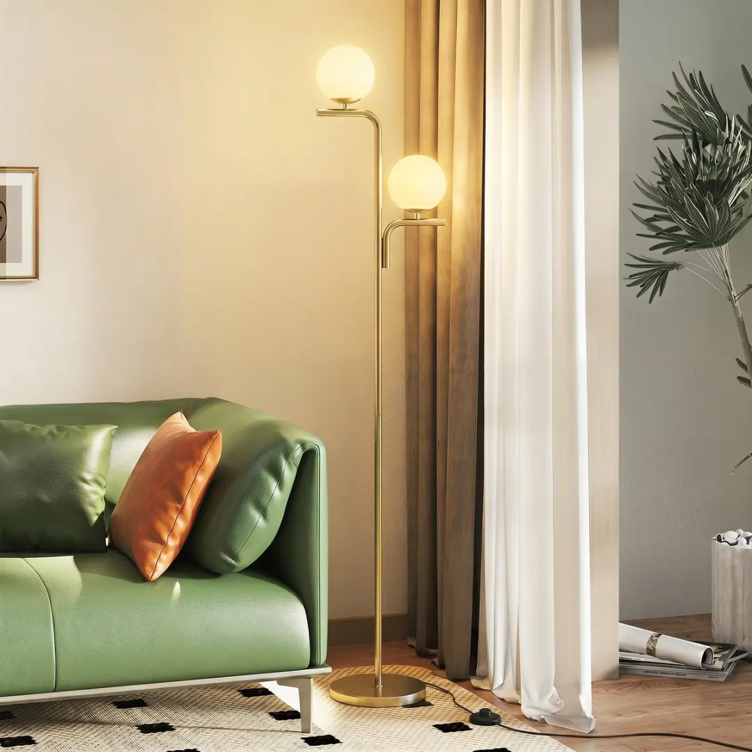 ECTEATOY Goud Vloerlamp met Glazen Bollen - 2x E27 - 10W - afbeelding 5 van 6