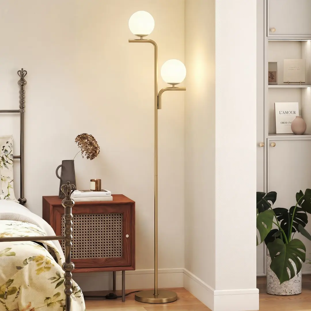 ECTEATOY Goud Vloerlamp met Glazen Bollen - 2x E27 - 10W - afbeelding 4 van 6