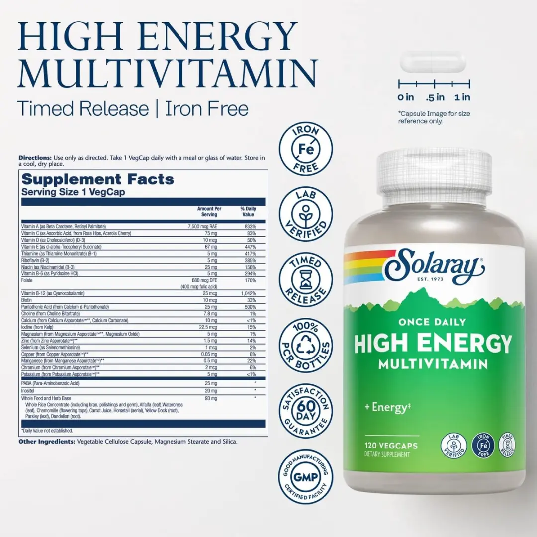 Solaray High Energy Multivitamine 120 VegCaps - Zonder ijzer