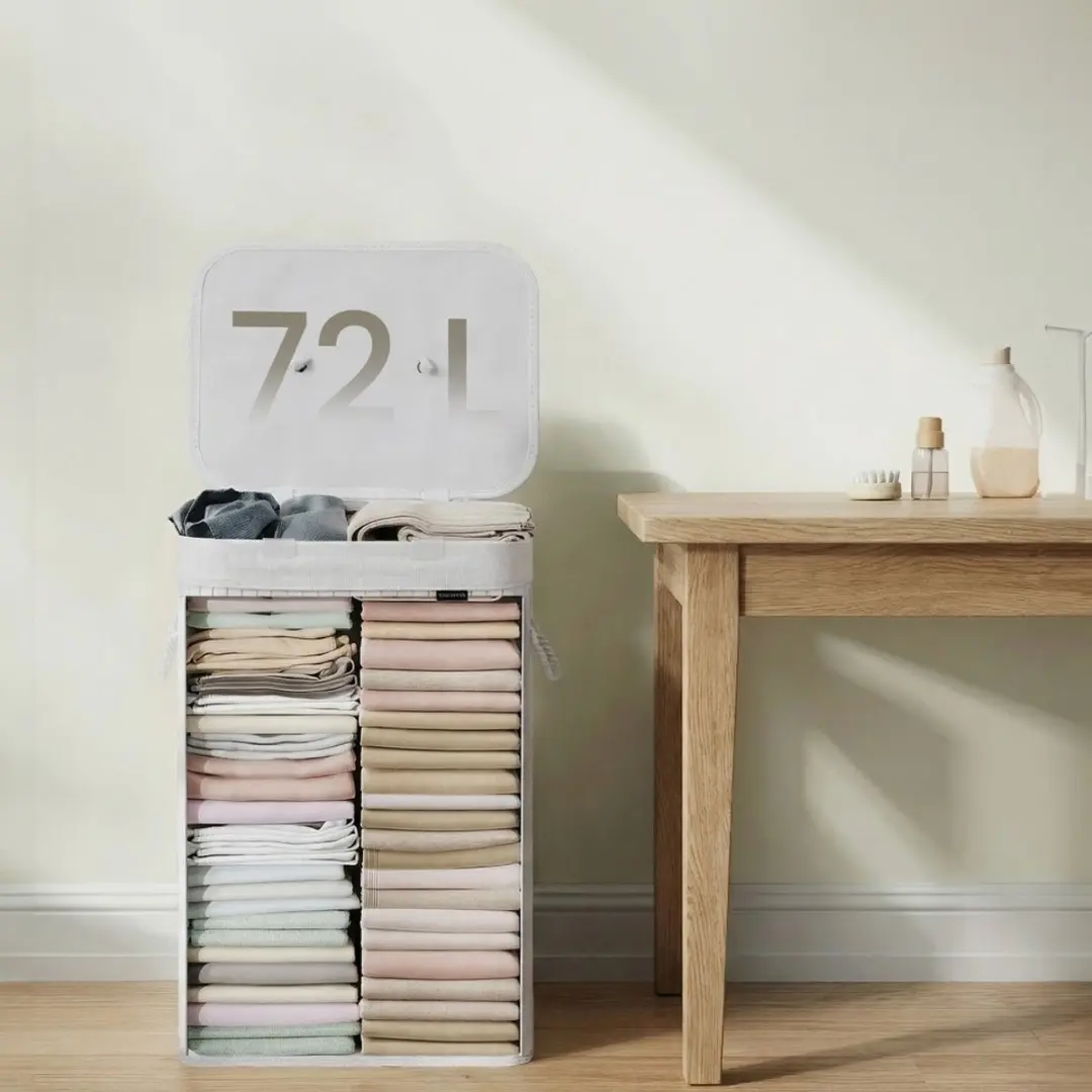 Songmics Wasmand met Deksel 72L - Bamboe - Grijs