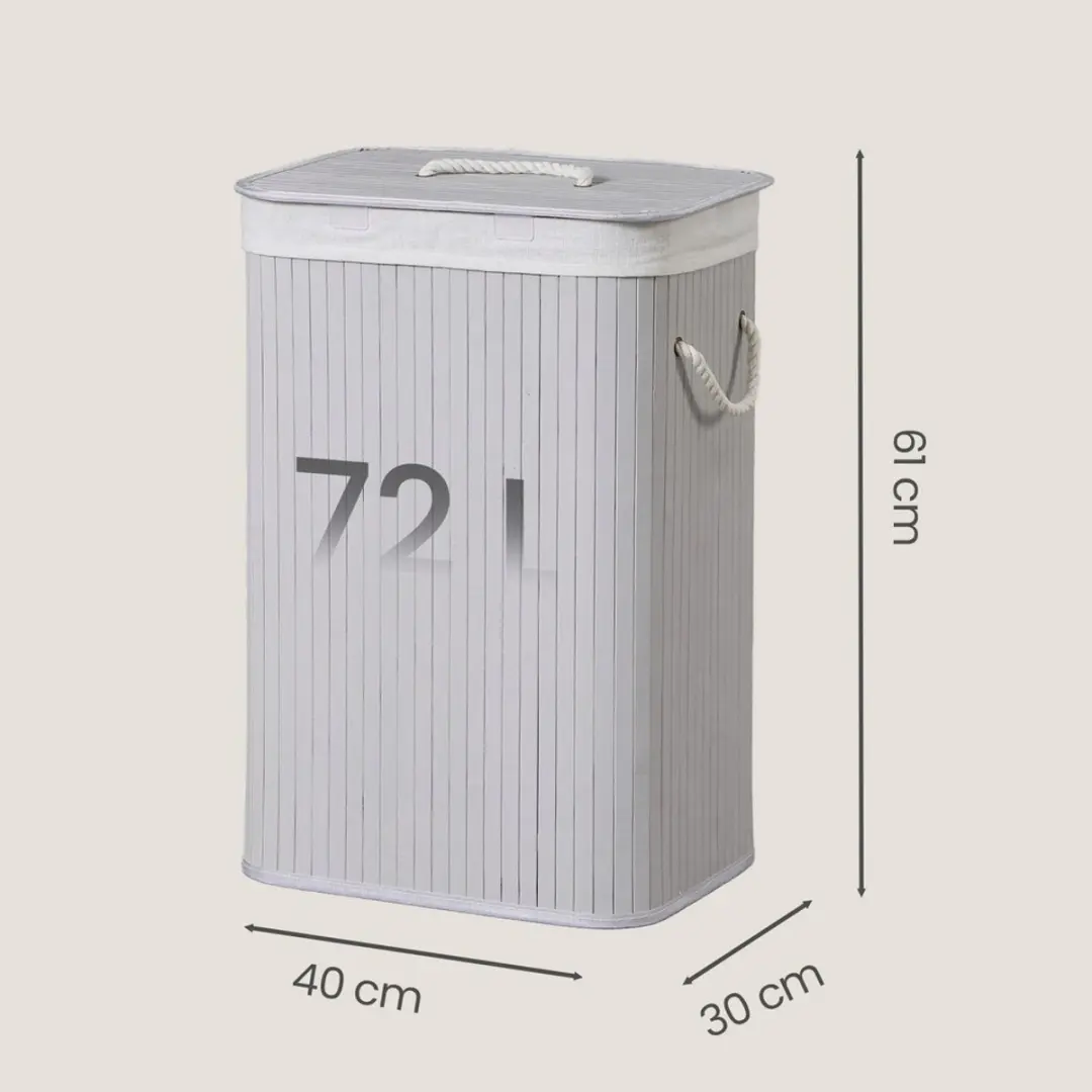Songmics Wasmand met Deksel 72L - Bamboe - Grijs