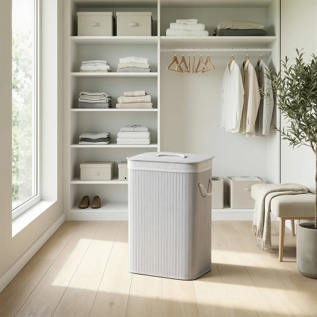 Songmics Wasmand met Deksel 72L - Bamboe - Grijs