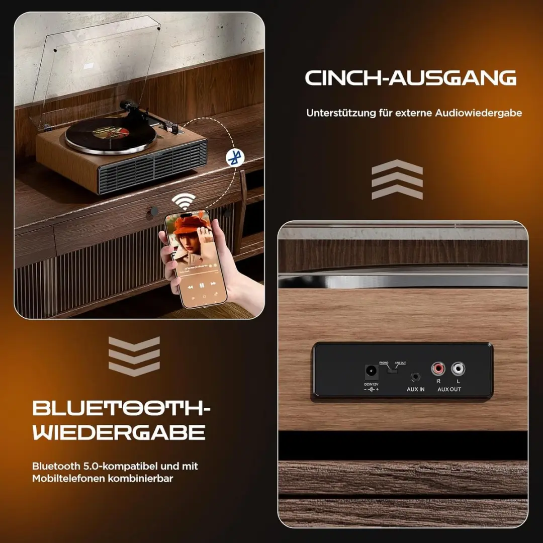 ECTEATOY Platenspeler Bluetooth HiFi Walnoot - 33/45 RPM - afbeelding 4 van 6
