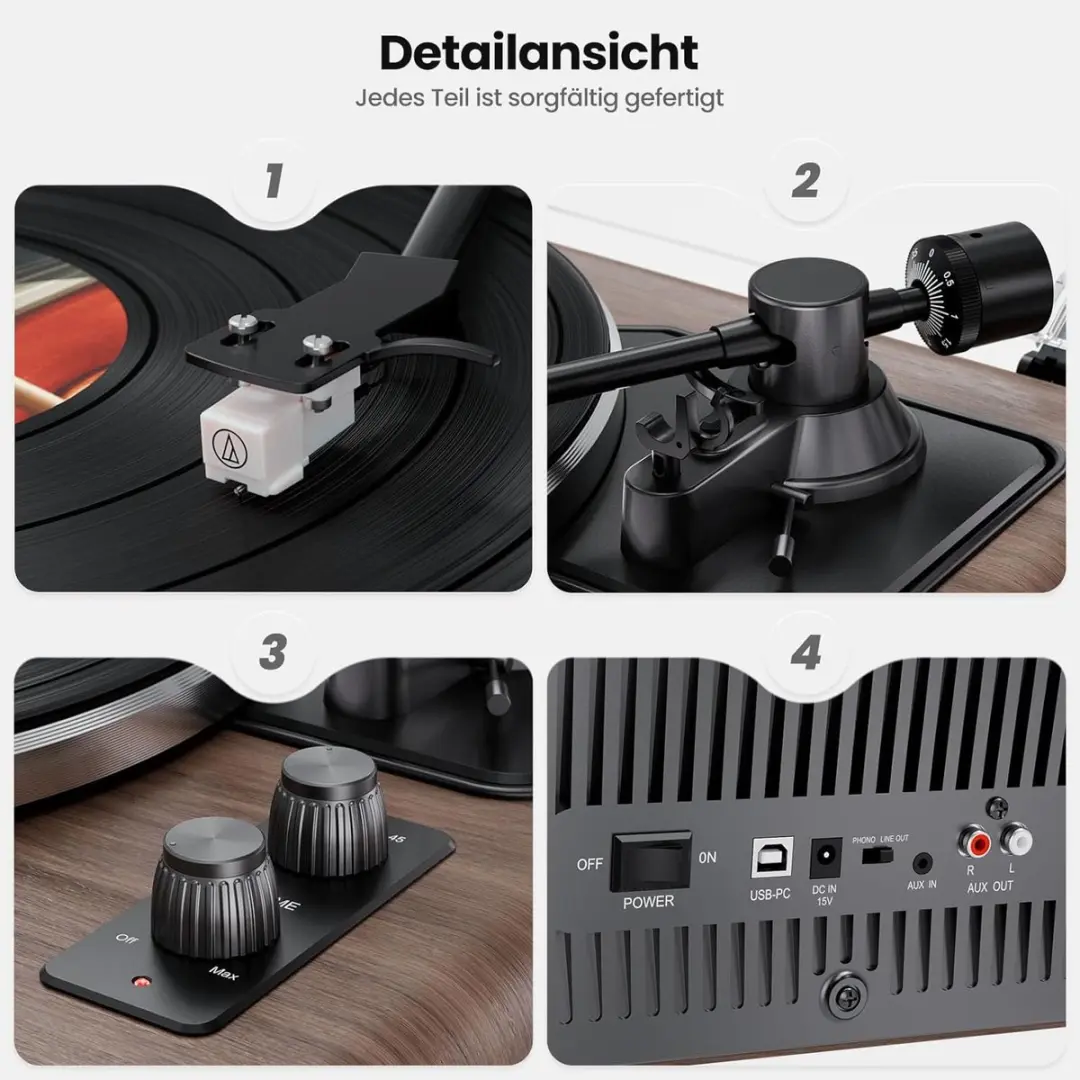 ECTEATOY All-in-One Platenspeler AT-3600L - Bluetooth USB - 33/45 RPM - Bruin - afbeelding 2 van 6