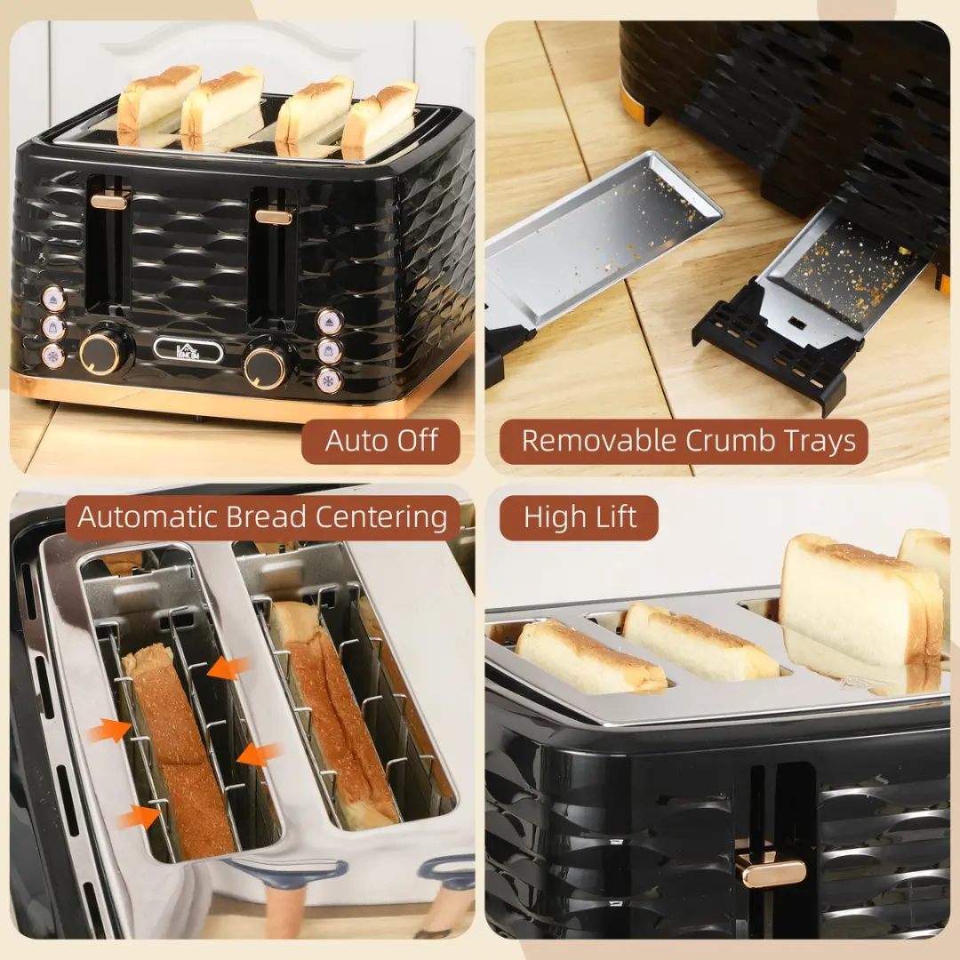 Homcom 4-sleuven Broodrooster 1860W - Zwart - afbeelding 6 van 6