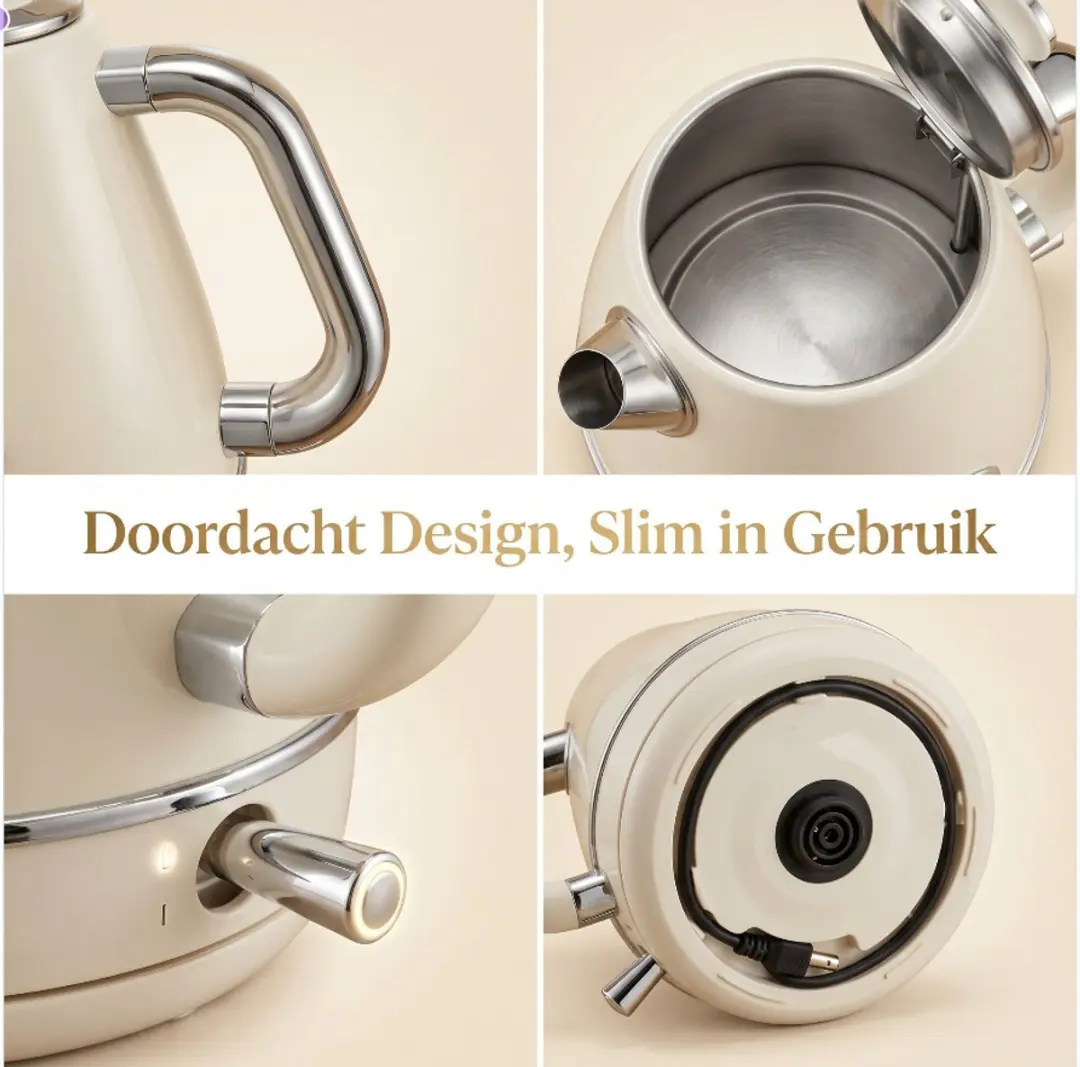 ECTEATOY Retro Elektrische Waterkoker 1500W 1.7L - Wit