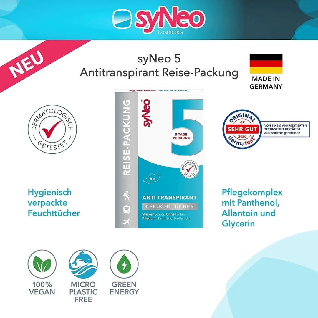syNeo 5 Deodorant Reisdoekjes 8 Stuks - 2.5ml