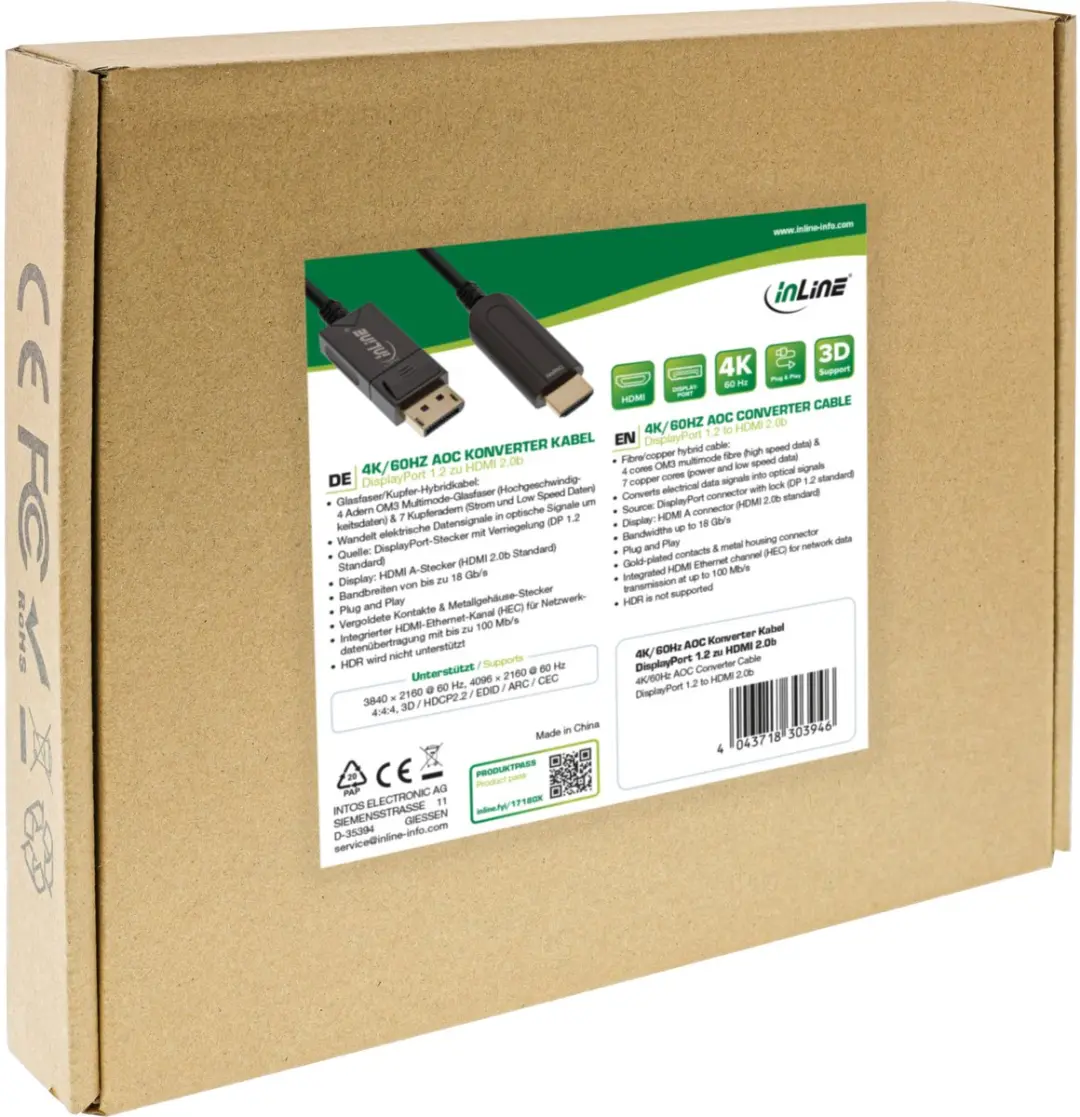 InLine DisplayPort naar HDMI AOC-kabel 4K/60Hz - 25m - Zwart