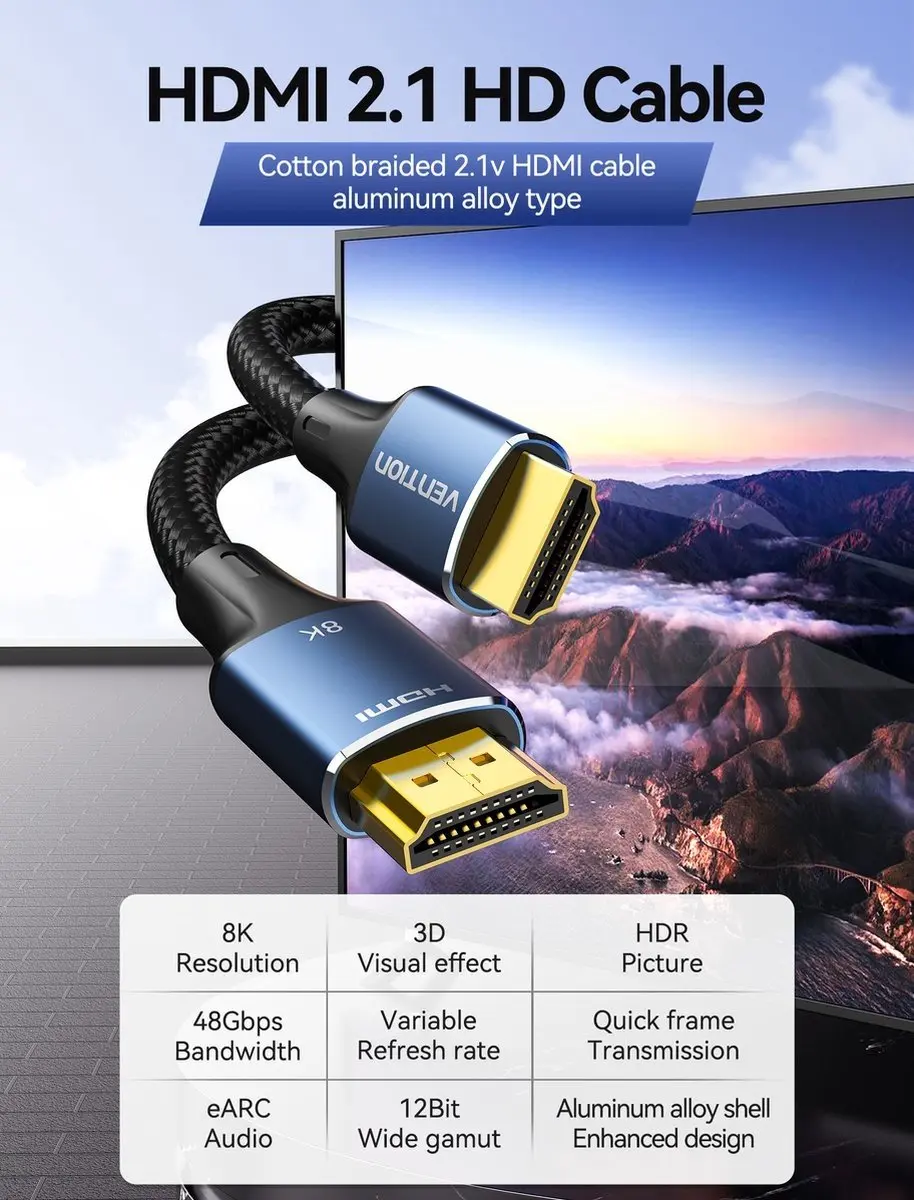 Vention Katoen HDMI 2.1 Kabel ALGLI 8K60/4K120 - 3m - Blauw - afbeelding 6 van 6