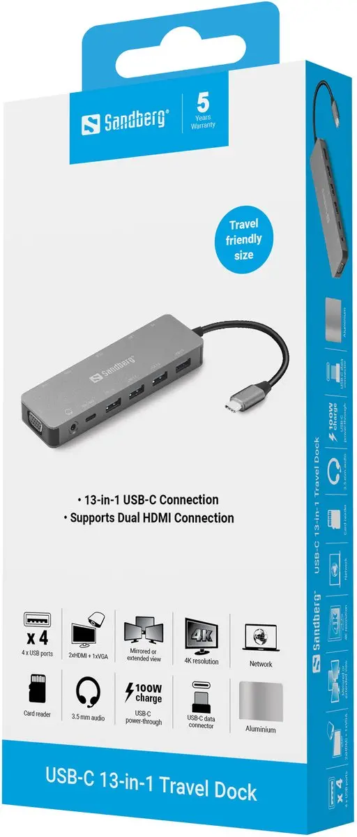 Sandberg 136-45 USB-C Travel Dock - 13-in-1 - Grijs