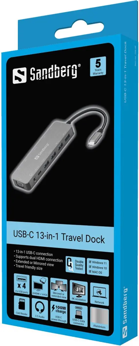 Sandberg 136-45 USB-C Travel Dock - 13-in-1 - Grijs
