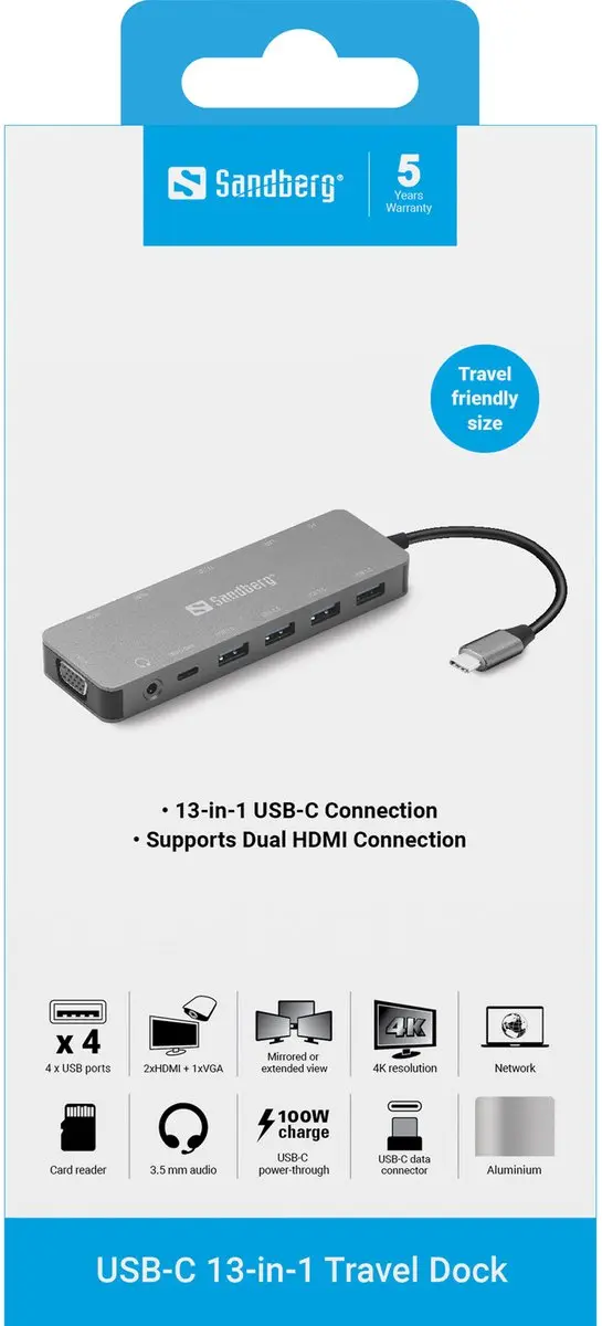 Sandberg 136-45 USB-C Travel Dock - 13-in-1 - Grijs - afbeelding 6 van 6