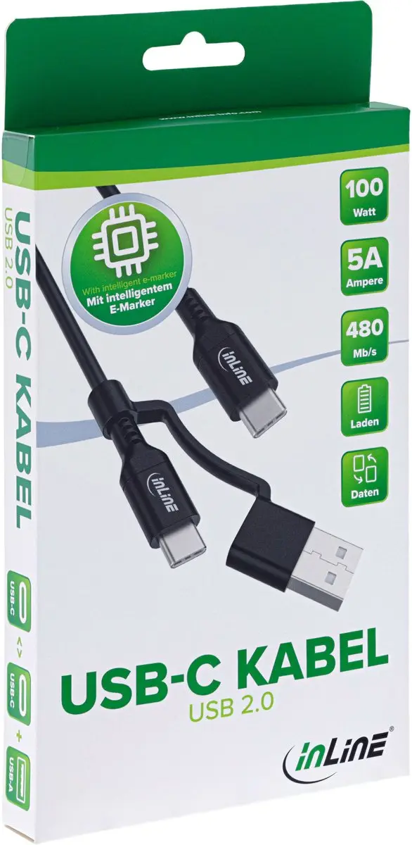 InLine 2-in-1 USB-C Kabel + USB-A Adapter 100W - 1m - Zwart