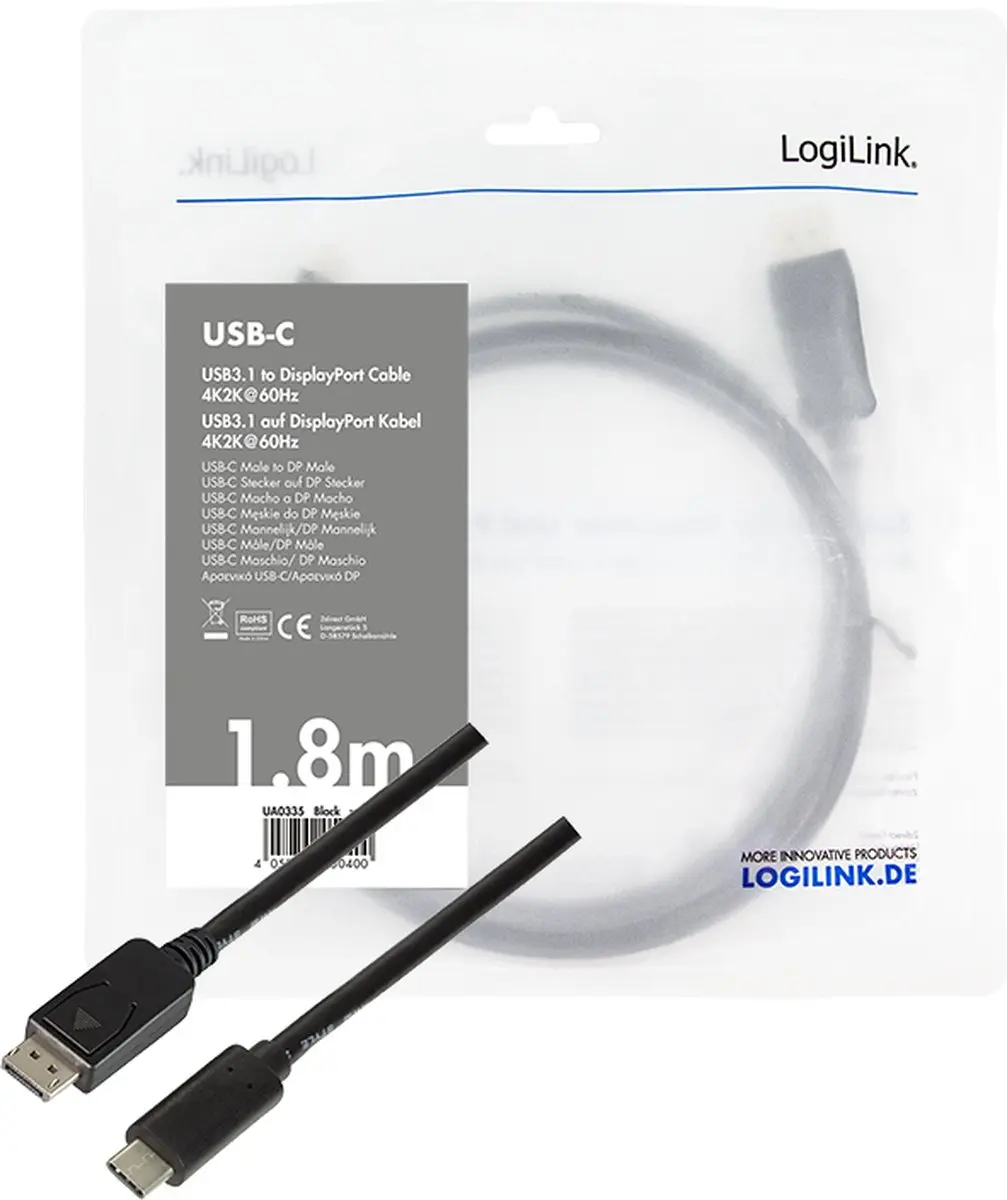 Logilink UA0335 USB-C naar DisplayPort Adapterkabel 1.80m - Zwart