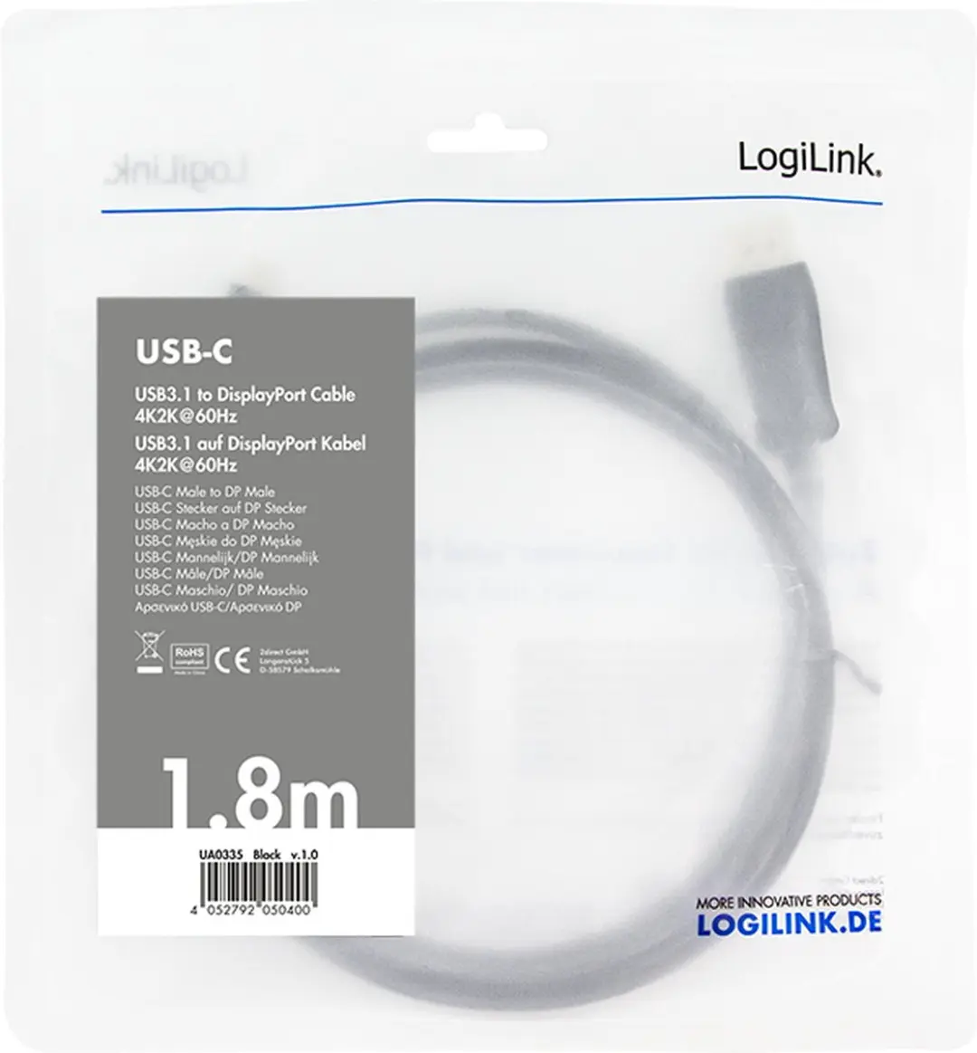 Logilink UA0335 USB-C naar DisplayPort Adapterkabel 1.80m - Zwart