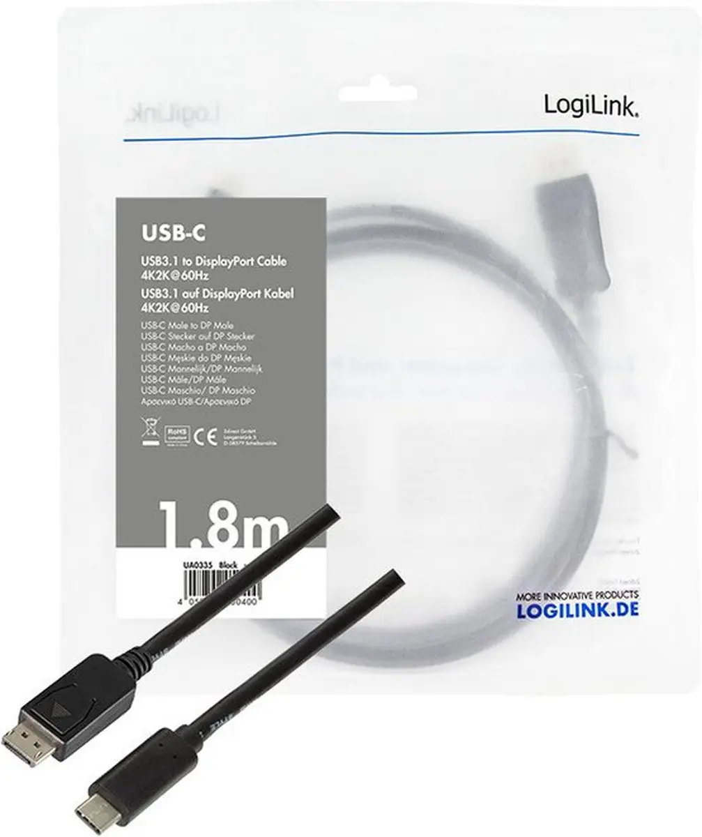 Logilink UA0335 USB-C naar DisplayPort Adapterkabel 1.80m - Zwart
