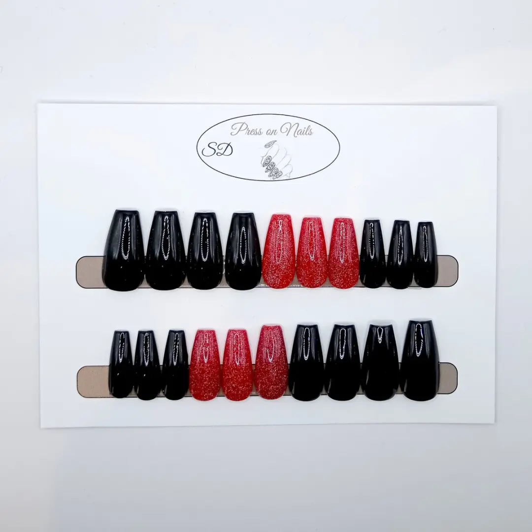 SD Press on Nails B-215 Plaknagels - 20 Stuks - Zwart Rood Glitter