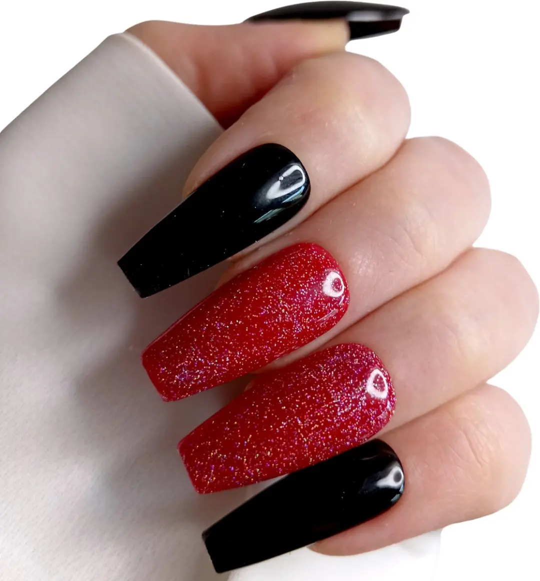SD Press on Nails B-215 Plaknagels - 20 Stuks - Zwart Rood Glitter