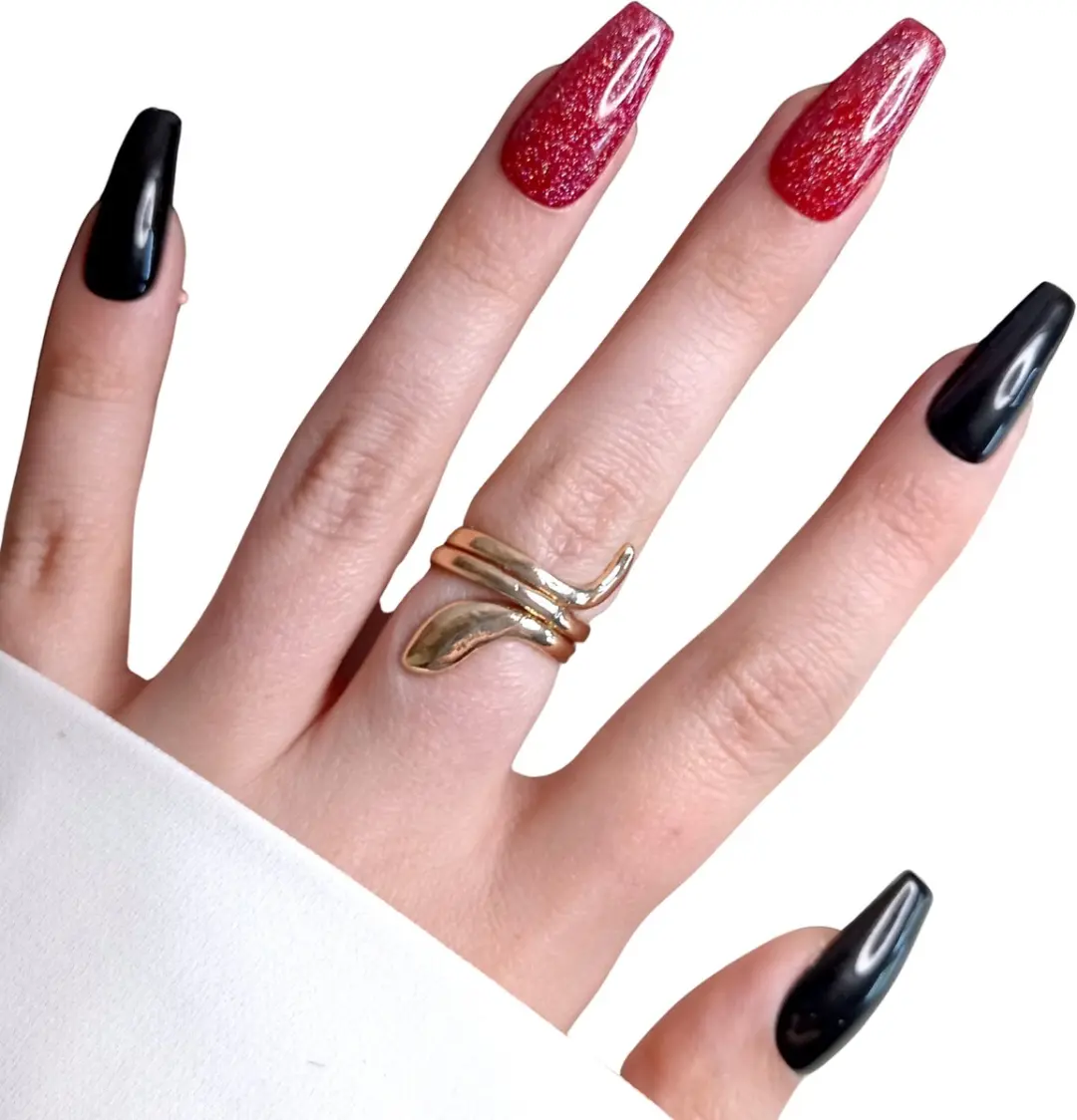 SD Press on Nails B-215 Plaknagels - 20 Stuks - Zwart Rood Glitter