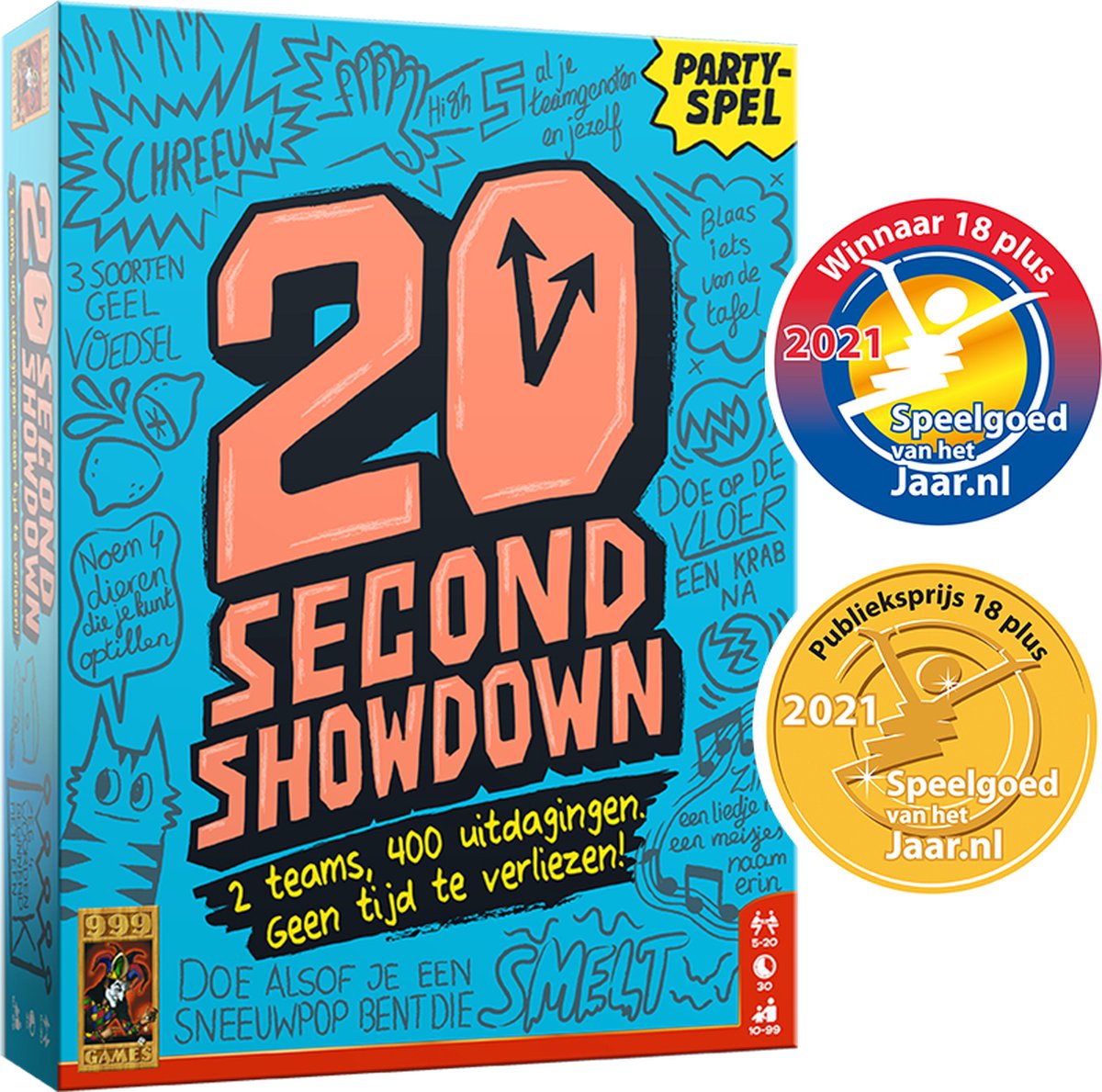 999 Games - 20 Second Showdown - Partyspel - 2 teams, 400 uitdagingen - Actiespel - Gezelschapsspel - Nederlandstalig - Klein cadeautje