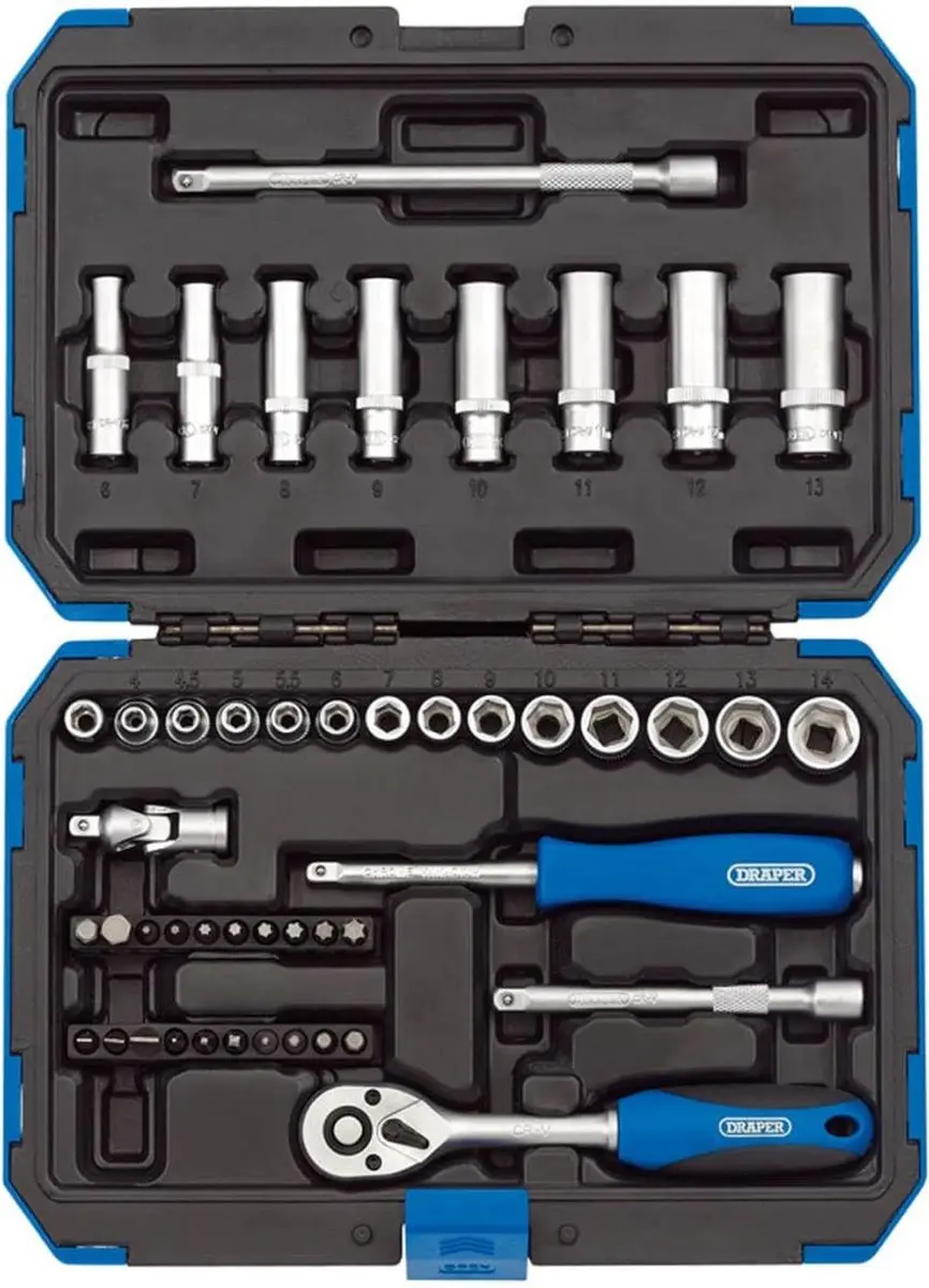 Draper 1/4" Doppenset 47-delig - Ratelsleutel & Dopschroevendraaier - Blauw/Zwart