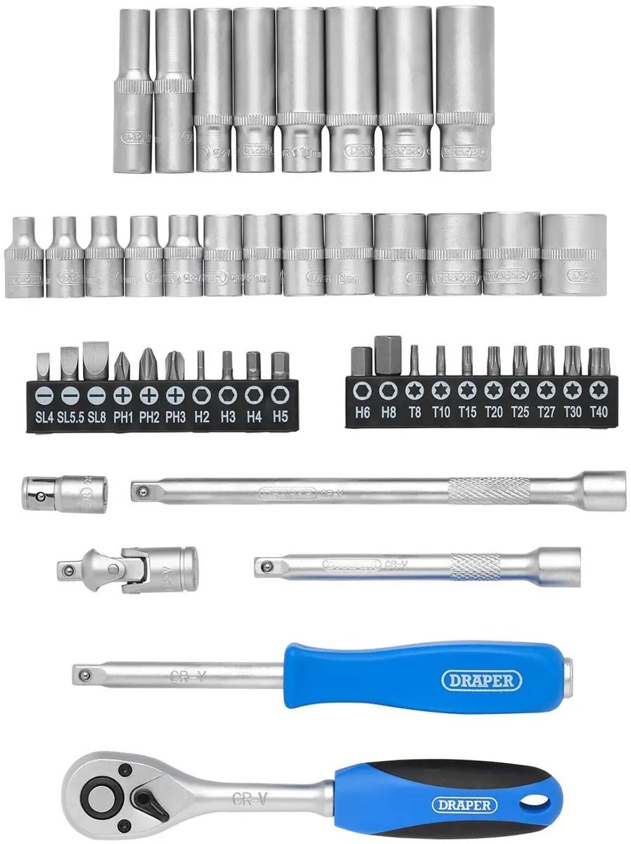 Draper 1/4" Doppenset 47-delig - Ratelsleutel & Dopschroevendraaier - Blauw/Zwart
