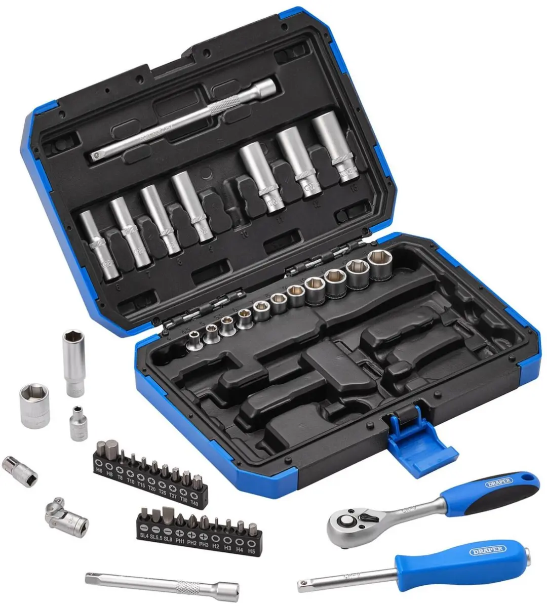 Draper 1/4" Doppenset 47-delig - Ratelsleutel & Dopschroevendraaier - Blauw/Zwart