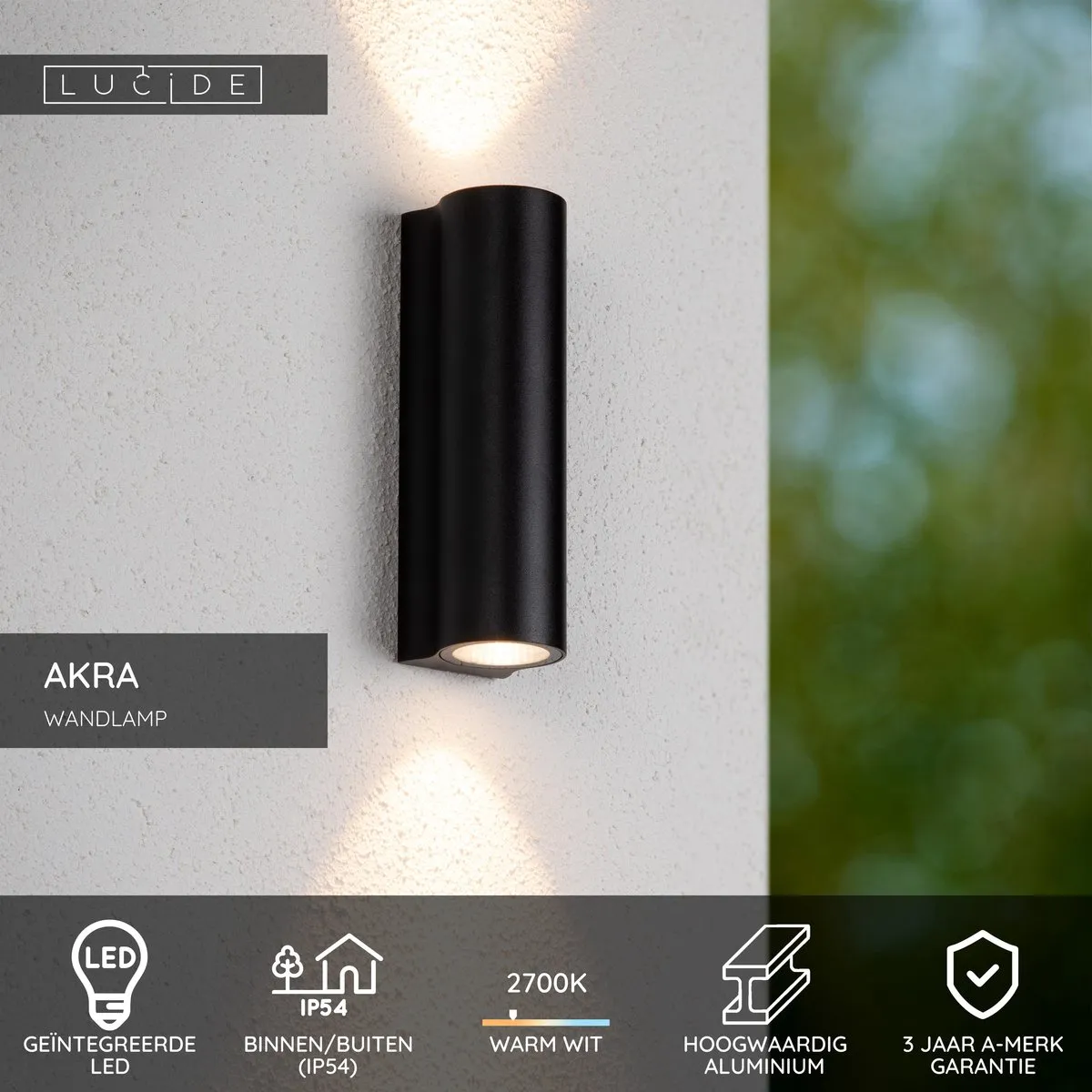 Lucide AKRA Wandlamp LED 2x6,5W 2700K - IP54 Zwart