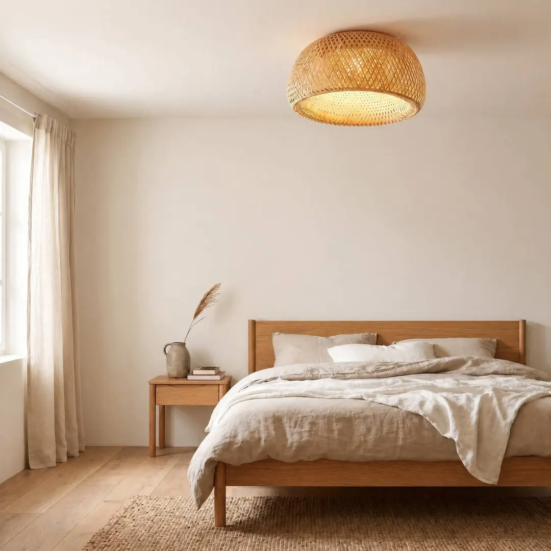 Lindby Plafondlamp Bamboe 45cm - E27 - Licht hout/chroom